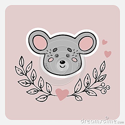 Mouse. Cute funny hand drawn animal with hearts, leaves and branches. Vector Illustration